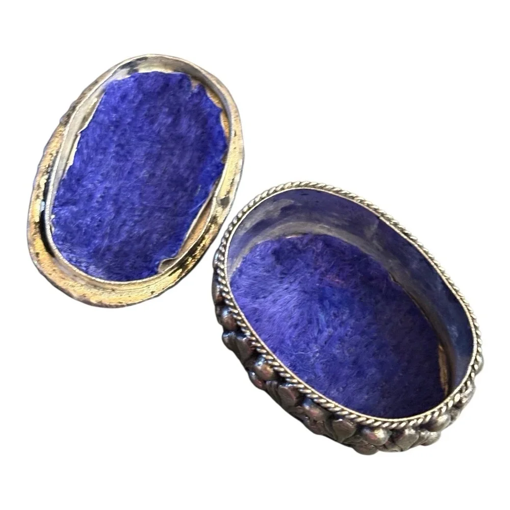 Vintage Boho Metal Trinket Box Pill Box Tibetan Style Cabochon Stones Unmarked